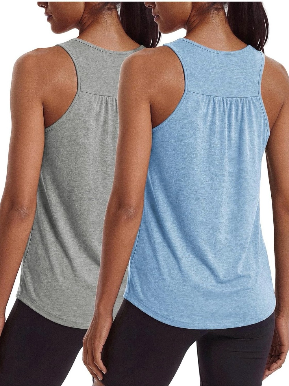 2 Women’s Racerback Tank Tops in Light Blue and Gray